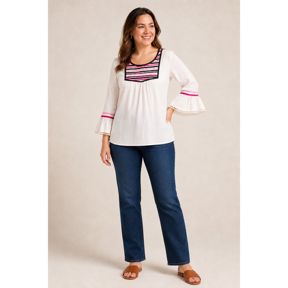 Crown & Ivy XL White Cotton Peasant Blouse Striped Pom Pom Sleeve Boho